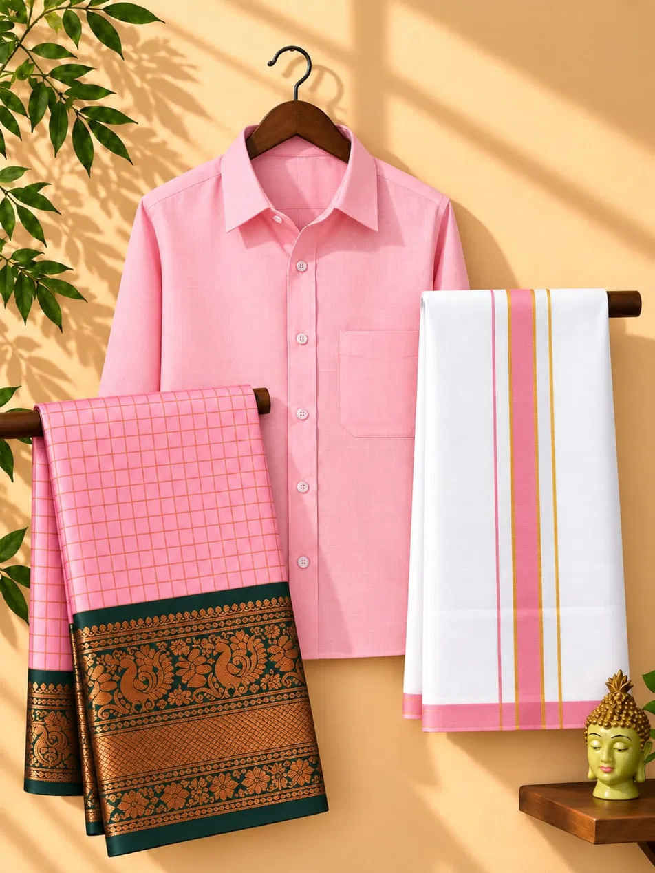 Baby Pink Check Temple Border Couple Combo Set